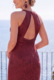 Burgundy Jacquard Halter Sheath Backless Long Formal Dress with Slit
