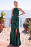 Burgundy Jacquard Halter Sheath Backless Long Formal Dress with Slit