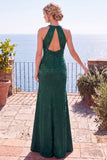 Burgundy Jacquard Halter Sheath Backless Long Formal Dress with Slit