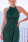 Burgundy Jacquard Halter Sheath Backless Long Formal Dress with Slit
