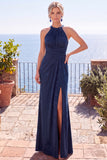 Burgundy Jacquard Halter Sheath Backless Long Formal Dress with Slit