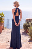 Burgundy Jacquard Halter Sheath Backless Long Formal Dress with Slit