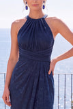 Burgundy Jacquard Halter Sheath Backless Long Formal Dress with Slit