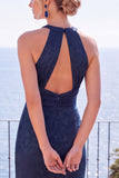 Burgundy Jacquard Halter Sheath Backless Long Formal Dress with Slit