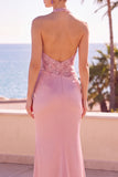 Blush Halter Neck Sequins Embroidery Ruched Beaded Mermaid Long Formal Dress