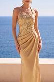 Blush Halter Neck Sequins Embroidery Ruched Beaded Mermaid Long Formal Dress