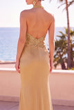 Blush Halter Neck Sequins Embroidery Ruched Beaded Mermaid Long Formal Dress