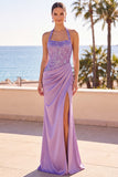 Blush Halter Neck Sequins Embroidery Ruched Beaded Mermaid Long Formal Dress