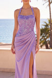 Blush Halter Neck Sequins Embroidery Ruched Beaded Mermaid Long Formal Dress