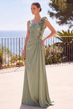 Sage Green V-Neck Ruched 3D Floral Appliques Sheath Long Formal Dress