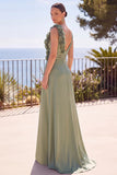 Sage Green V-Neck Ruched 3D Floral Appliques Sheath Long Formal Dress