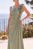 Sage Green V-Neck Ruched 3D Floral Appliques Sheath Long Formal Dress