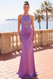 Halter Neck Purple Satin Sequins Floral Embroidery Ruched Mermaid Long Formal Dress