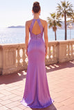 Halter Neck Purple Satin Sequins Floral Embroidery Ruched Mermaid Long Formal Dress