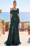 Sparkly Dark Green Asymmetrical Off the Shoulder Sequins Ruched Mermaid Long Formal Dress with Sash