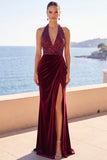 Burgundy Velvet Halter Neck Sequins Ruched Mermaid Long Formal Dress with Side Slit