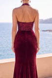 Burgundy Velvet Halter Neck Sequins Ruched Mermaid Long Formal Dress with Side Slit