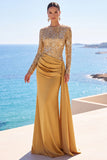 Golden Satin Long Sleeves Sequins Ruched Mermaid Long Formal Dress with Sash