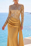 Golden Satin Long Sleeves Sequins Ruched Mermaid Long Formal Dress with Sash
