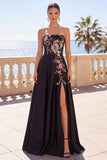 Black Floral Embroidery A-Line Strapless Long Formal Dress with Side Slit