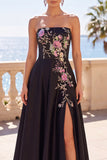 Black Floral Embroidery A-Line Strapless Long Formal Dress with Side Slit