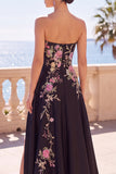 Black Floral Embroidery A-Line Strapless Long Formal Dress with Side Slit