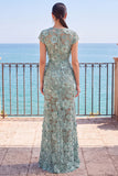 Grey Green 3D Appliques Sheer Rhinestone Pearls Sheath Long Formal Dress with Slit