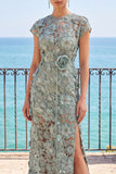 Grey Green 3D Appliques Sheer Rhinestone Pearls Sheath Long Formal Dress with Slit
