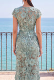 Grey Green 3D Appliques Sheer Rhinestone Pearls Sheath Long Formal Dress with Slit