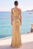 Metallic Golden One Shoulder Ruched Long Mermaid Formal Dress