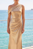 Metallic Golden One Shoulder Ruched Long Mermaid Formal Dress