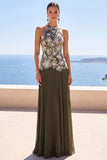 Olive Pleated Halter Neck Sheath Long Formal Dress with 3D Floral Appliques