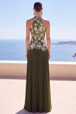 Olive Pleated Halter Neck Sheath Long Formal Dress with 3D Floral Appliques