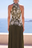 Olive Pleated Halter Neck Sheath Long Formal Dress with 3D Floral Appliques
