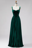 Dark Green Velvet Corset Pleated Thick straps A-Line Long Formal Dress