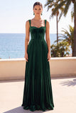 Dark Green Velvet Corset Pleated Thick straps A-Line Long Formal Dress