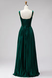 Dark Green Velvet Corset Pleated Thick straps A-Line Long Formal Dress