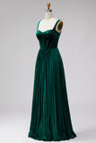 Dark Green Velvet Corset Pleated Thick straps A-Line Long Formal Dress