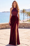 Burgundy Velvet Sequins Halter Neck Ruched Sheath Long Formal Dress with Slit