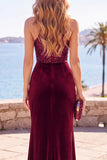 Burgundy Velvet Sequins Halter Neck Ruched Sheath Long Formal Dress with Slit