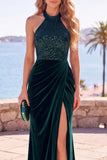 Burgundy Velvet Sequins Halter Neck Ruched Sheath Long Formal Dress with Slit