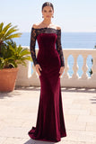 Burgundy Off the Shoulder Lace Velvet Long Sleeves Mermaid Long Formal Dress