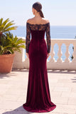 Burgundy Off the Shoulder Lace Velvet Long Sleeves Mermaid Long Formal Dress