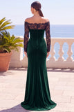 Burgundy Off the Shoulder Lace Velvet Long Sleeves Mermaid Long Formal Dress