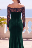 Burgundy Off the Shoulder Lace Velvet Long Sleeves Mermaid Long Formal Dress