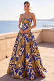 Blue Yellow Flower Printed Cut Out A-Line Rucehd Strapless Long Formal Dress