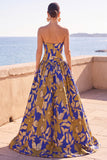 Blue Yellow Flower Printed Cut Out A-Line Rucehd Strapless Long Formal Dress