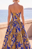 Blue Yellow Flower Printed Cut Out A-Line Rucehd Strapless Long Formal Dress