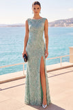 Grey Green Bateau Neck Sequins Beaded Sheath Long Formal Dress with Slit