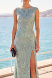 Grey Green Bateau Neck Sequins Beaded Sheath Long Formal Dress with Slit